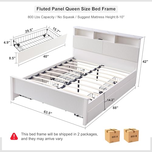 T4TREAM Fluted Panel King Bed Frame with Bookcase Headboard & Charging Station, Modern Wood Platform Bed with 4 Drawers, Wood Slats Support, Noise Free, No Box Spring Needed, Dark Grey