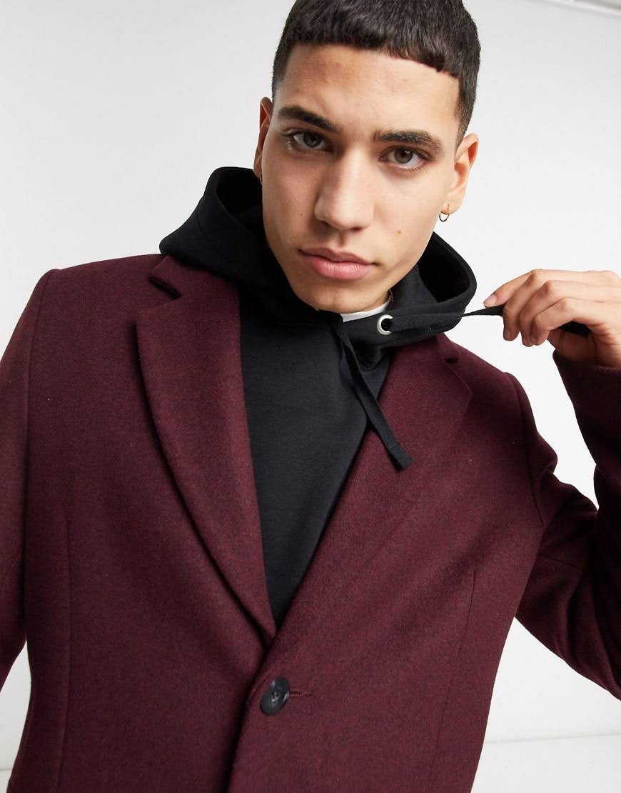 ASOS Design Wool Mix Overcoat in Port-Red