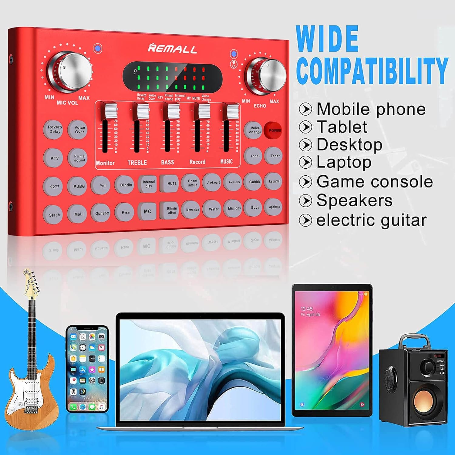 REMALL Podcast Equipment Bundle, V8 Sound Card With Audio Mixer for Streaming, Sound Card for Microphone with Voice Changer Sound Effects Board,Sound Mixer for Streaming Gaming Phone PC