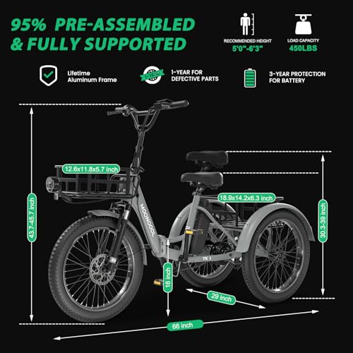 MOONCOOL Electric Tricycle Trike for Adults 350W 36V Removable Battery 24/26 Inches 7 Speeds 3 Wheels Electric Bikes Bicycle for Adults, Three Wheel Electric Cruiser Tricycle