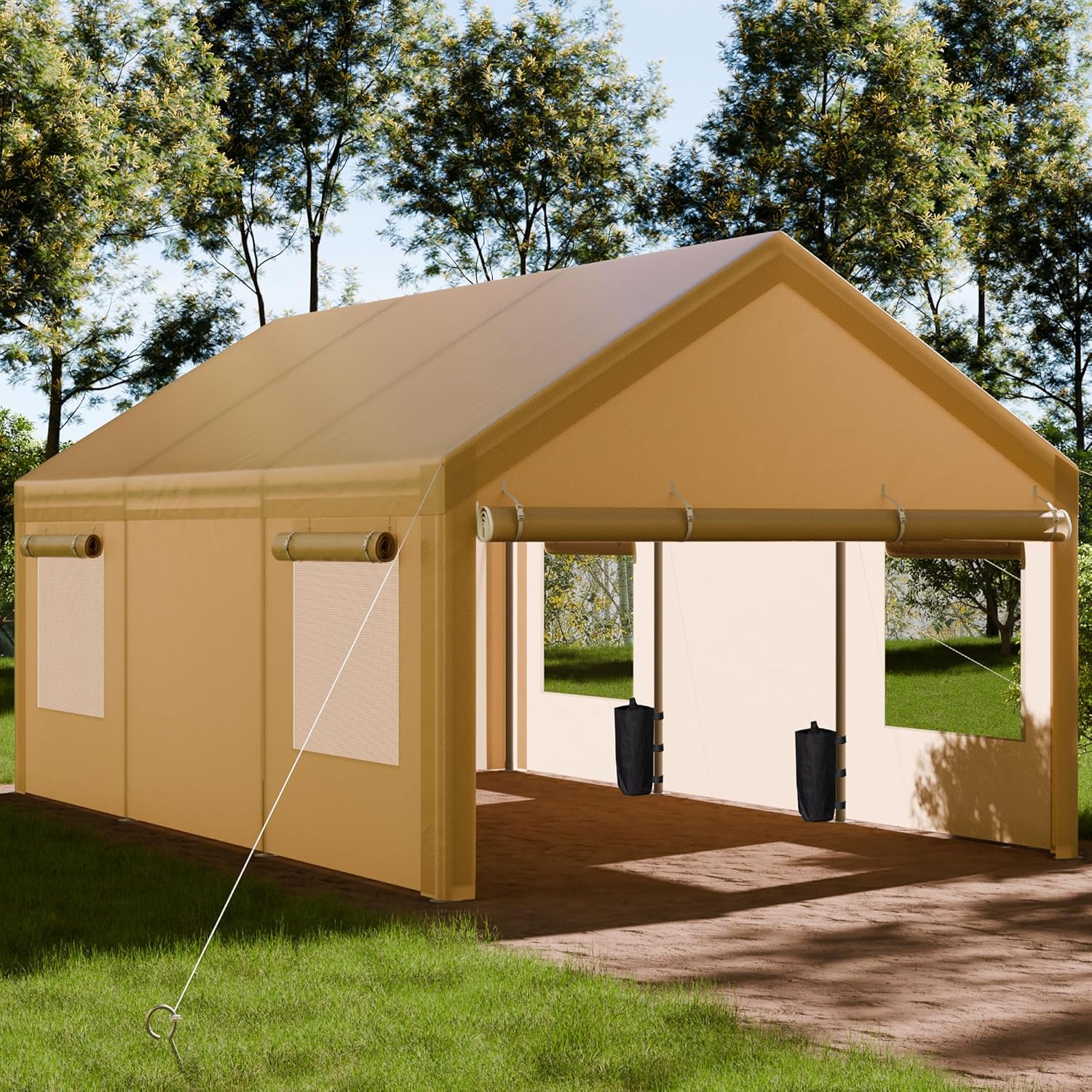 Shintenchi 12x18.5ft Heavy Duty Carport, Portable Garage with Removable Sidewalls, Doors and Ventilated Windows, All-Season Tarp for Car, UV Resistant Waterproof Carport Canopy for Outdoor (Khaki)