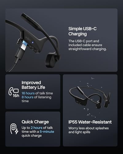OpenComm2 2025 Upgrade - Open-Ear Bone Conduction Headphones, Wireless Bluetooth Headset with Noise Canceling Mic & Mute Button for Work Calls and Meetings, 16 Hour Talk Time for Mobile & PC - C120