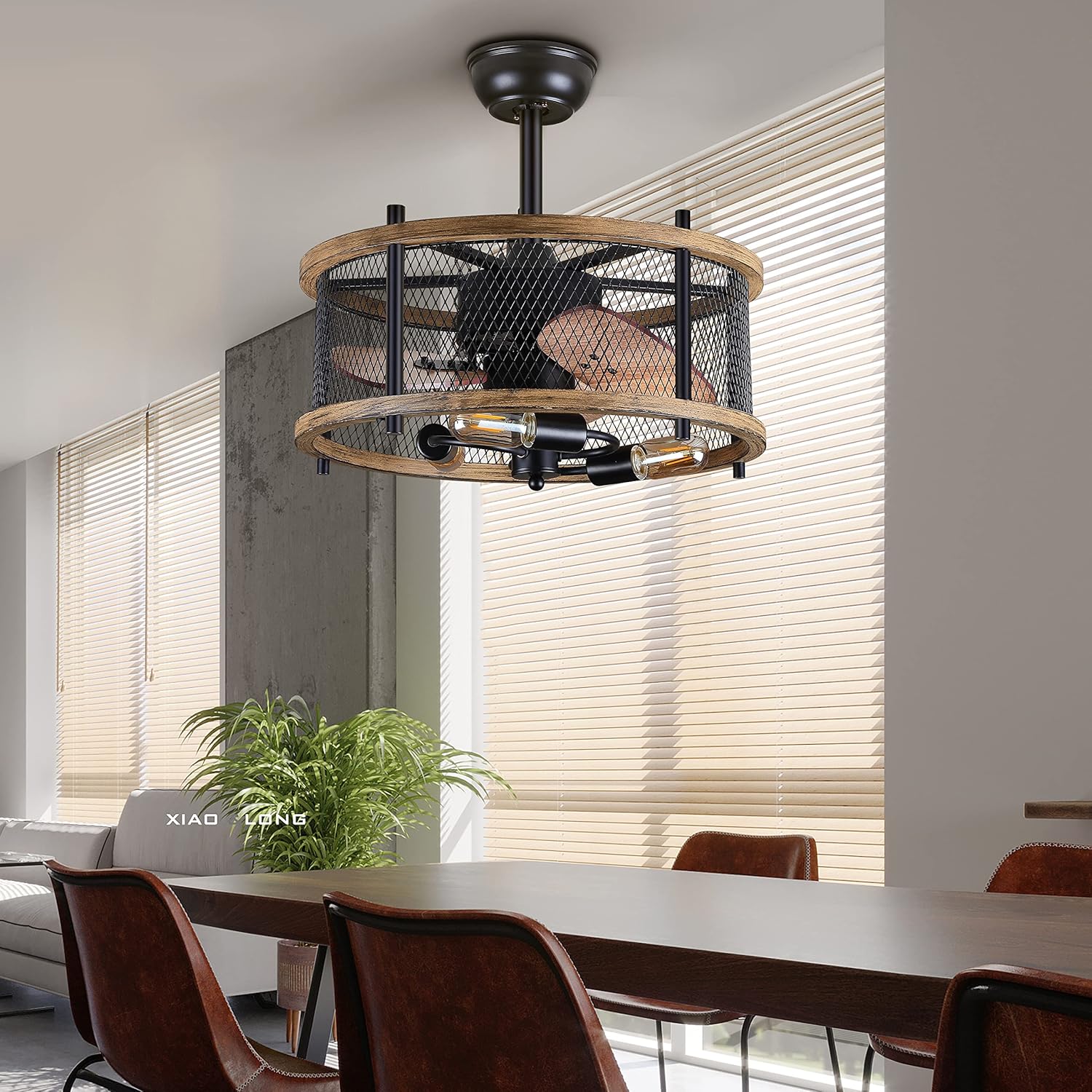 20-inch Industrial Caged Ceiling Fan with Lights Remote Control, Reversible,Modern Enclosed Bladeless Ceiling Fan Indoor, Rustic Vintage Metal Cage Fandelier Ceiling Fan (Mesh,Bulbs Included)