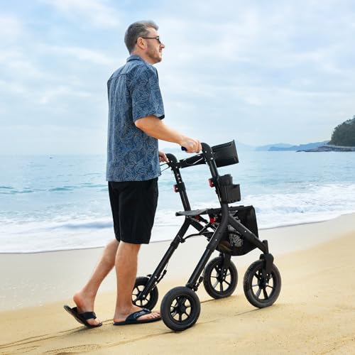 Rollator Walker with Seat, Tall Walkers for Seniors, 12" Big Rubber Wheels All Terrain Rollator Walker with Backrest, Built-in Cable, Foldable and Dual Adjustable Height for 5.3-7ft, Red
