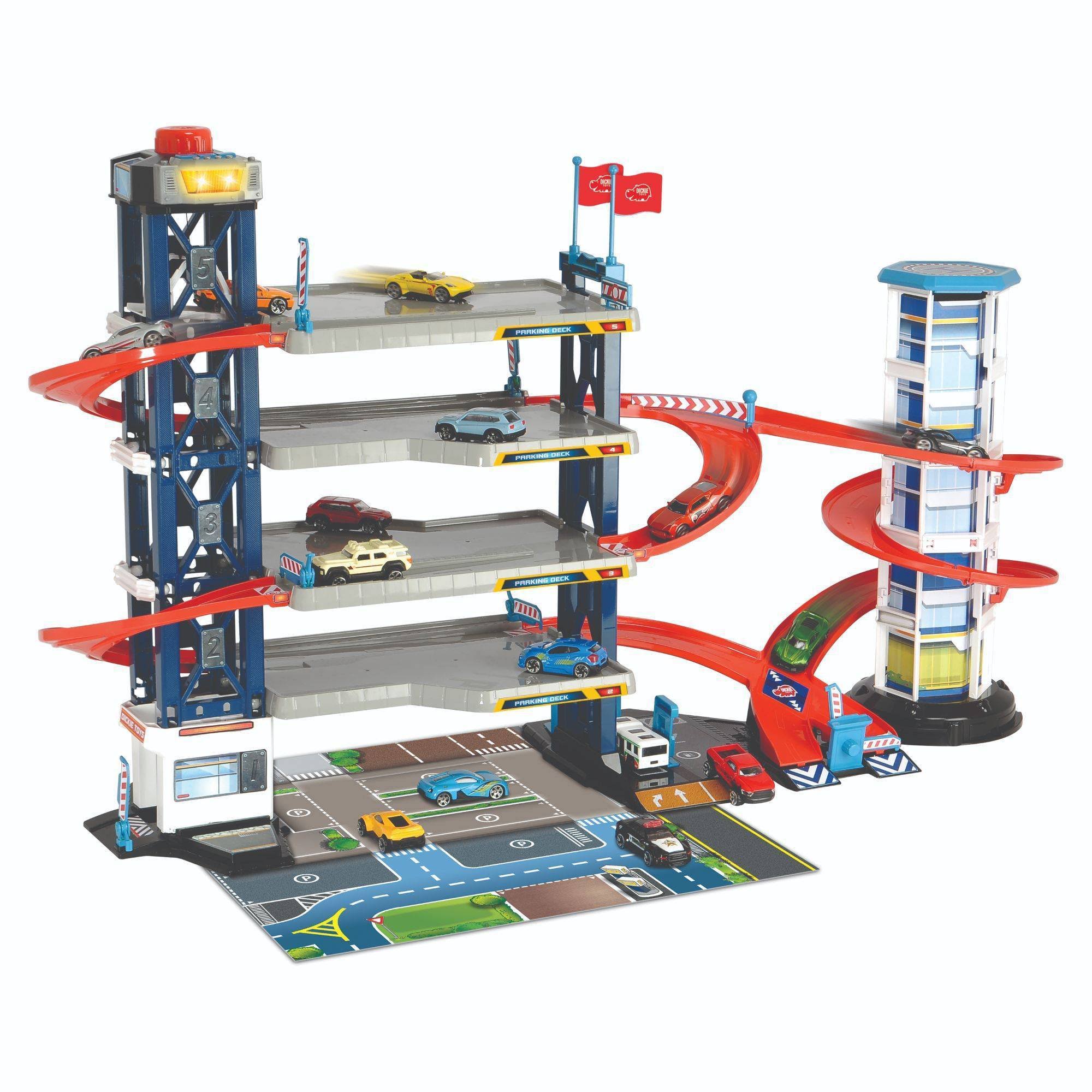 Dickie Toys Parking Garage Playset with 4 Die-Cast Cars and Helicopter