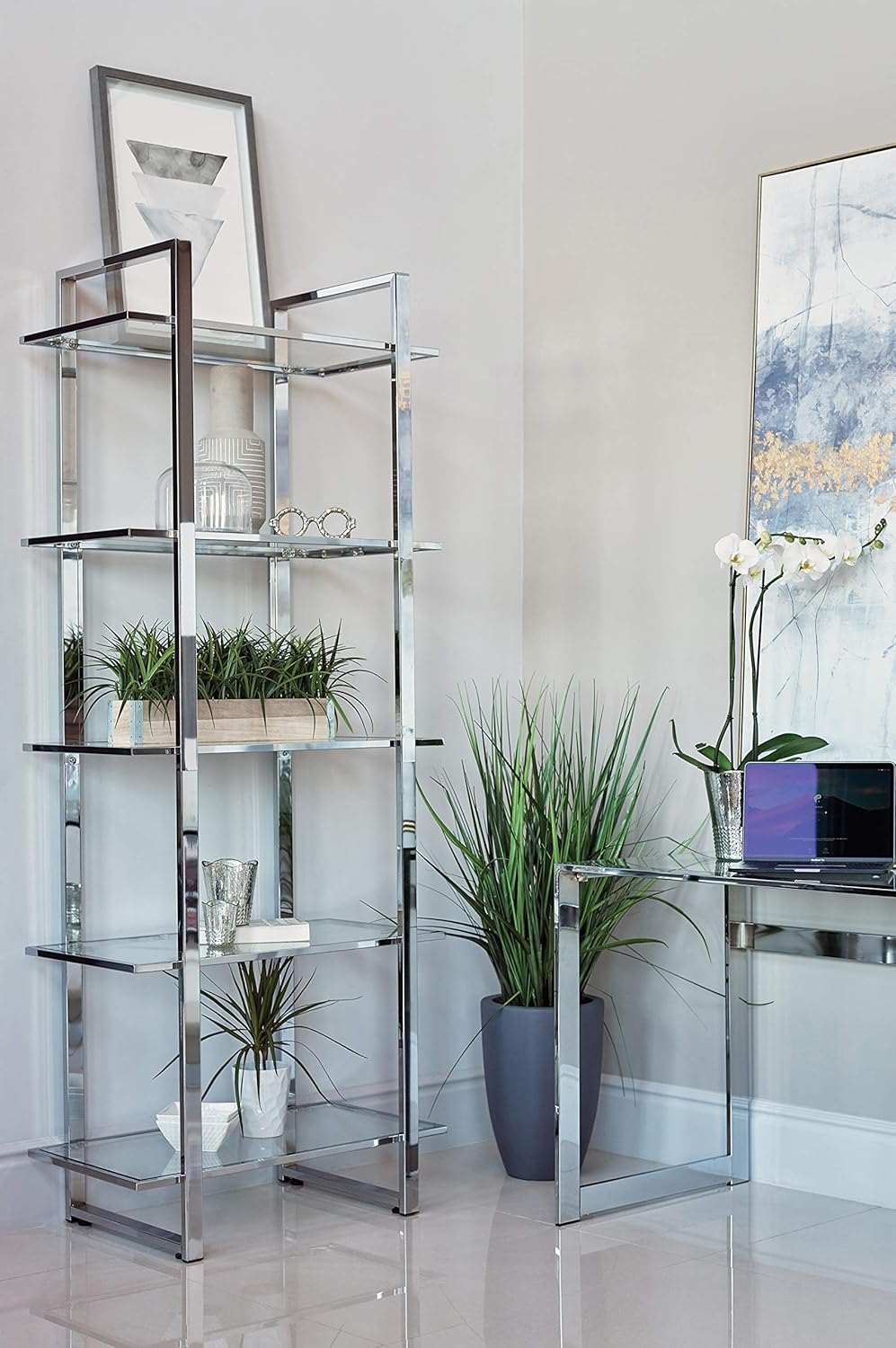 Coaster Home Furnishings Hartford Glass Shelf Bookcase Chrome Open Shelves, Silver