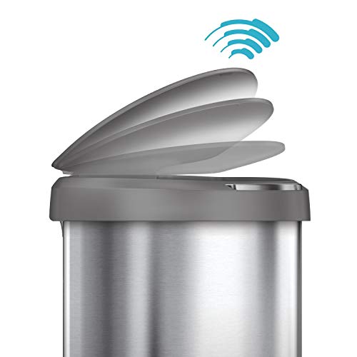 simplehuman 45 Liter / 12 Gallon Semi-Round Sensor Automatic Trash Can, Brushed Stainless Steel with Grey Plastic Lid