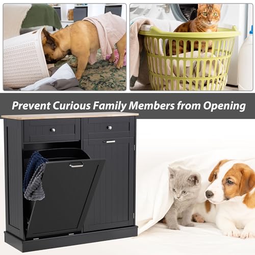 13 Gallons Tilt Out Trash Cabinet Kitchen Waste Bins Modern Kitchen Trash Cabinet with Adjustable Shelf and Hideaway Drawers, Pet Proof Trash Can Holder for Kitchen Living Room, Black