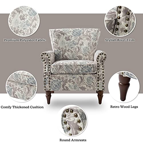 HULALA HOME Modern Wingback Accent Chair with Wood Legs & Removable Cushion, Comfy Upholstered Armchair with Nailhead Trim, Floral Pattern Single Sofa Chair for Living Room Bedroom, Pink