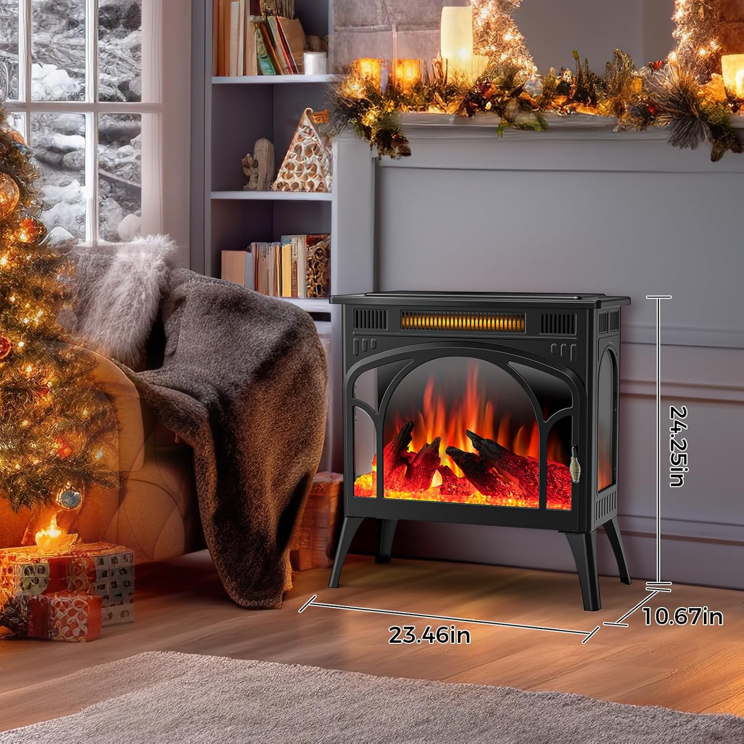 COWSAR Realistic Flame Electric Fireplace Stove, 500/1500W Freestanding Fireplace Heater with Remote Control and Timer, Adjustable Fireplace Stove Flame Color and Speed, Log Set & Crystal Options