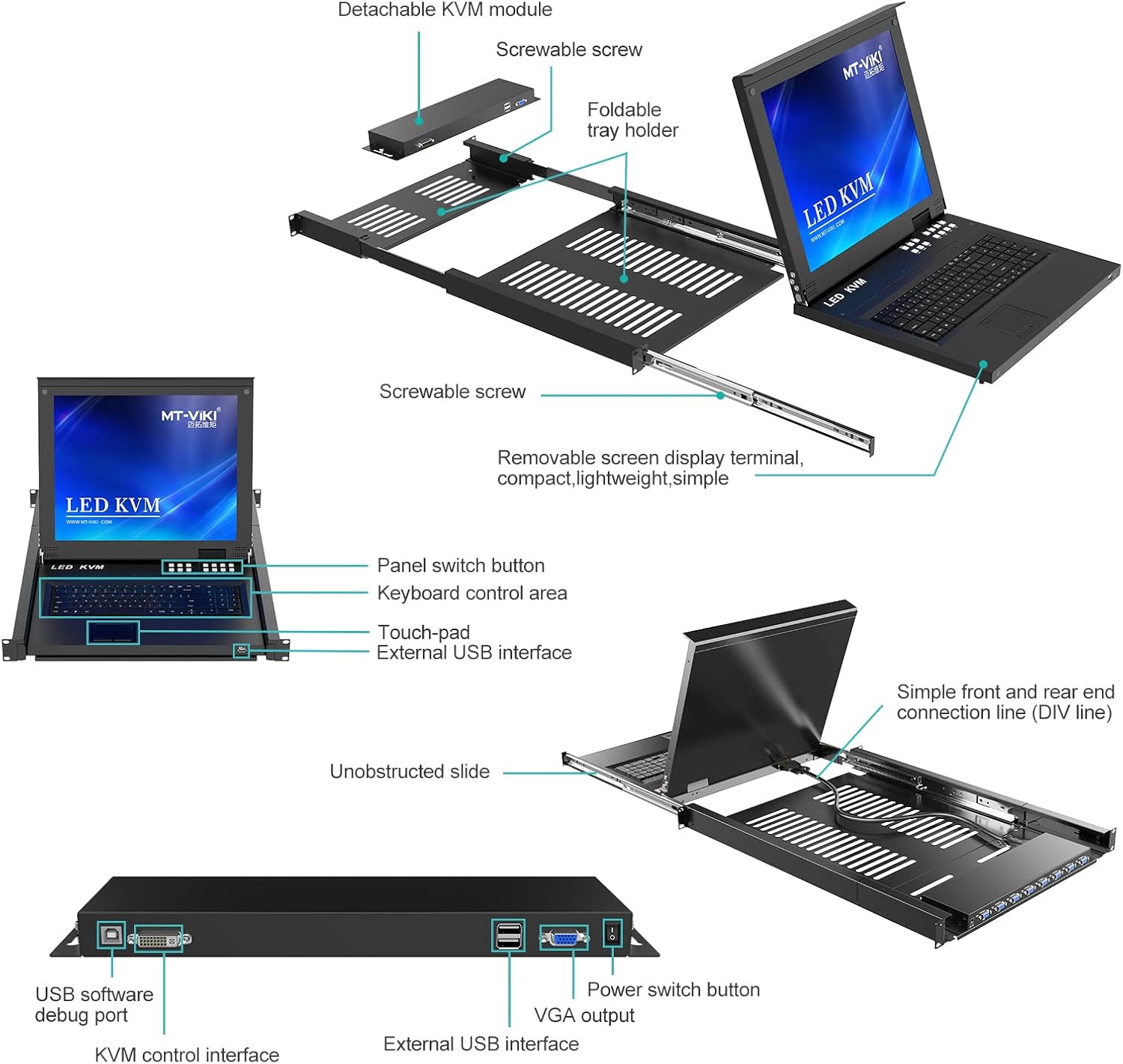 MT-Viki 8 Port KVM Switch 1U Rack Mount KVM w/17'' LCD Monitor & Cables, LCD KVM Console 1280x1024 Support OSD/Hotkey/Panel Button Switching