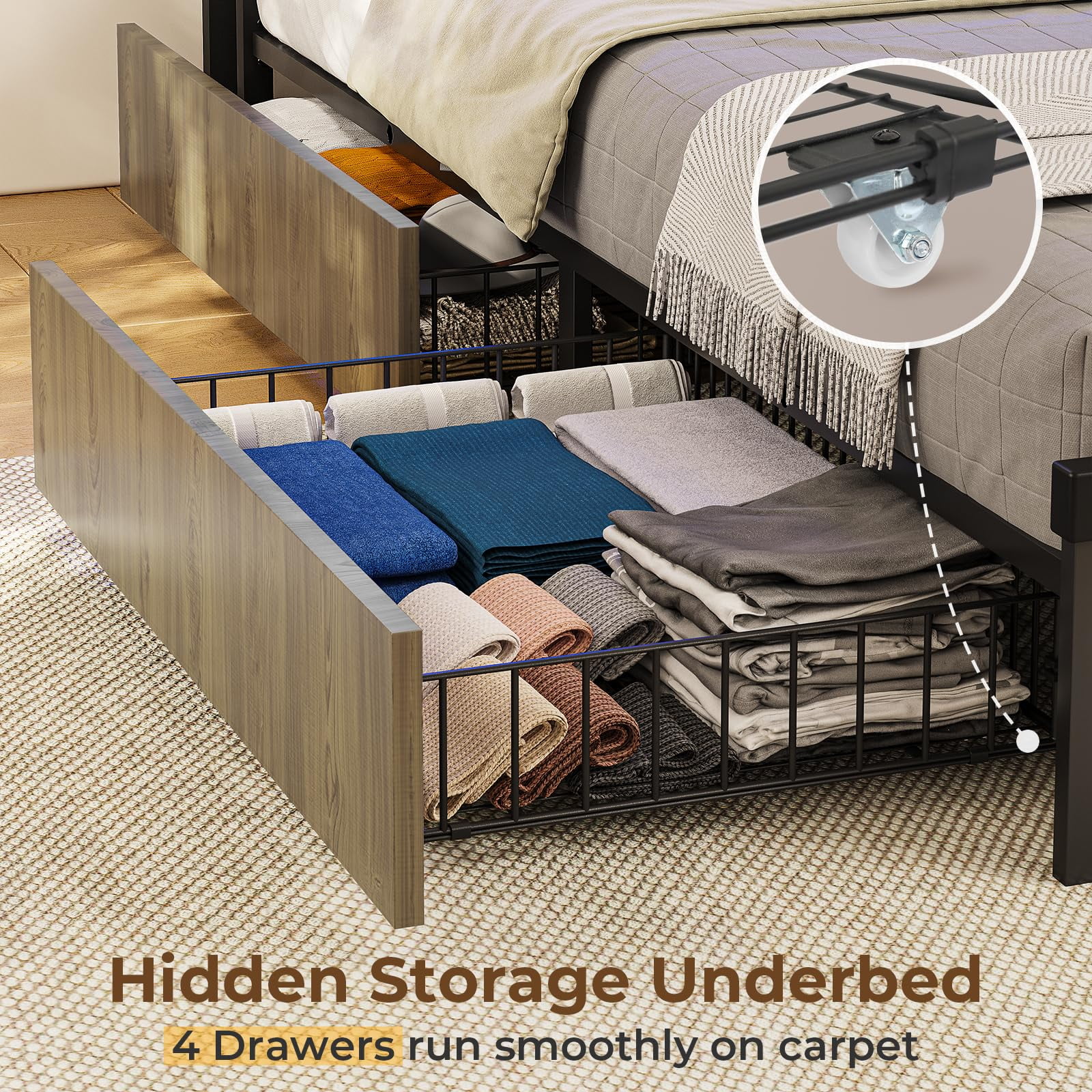 Full Size Metal Platform Bed Frame with 4 Storage Drawers and Charging Station, LED Bed Frame with Storage Headboard, Oak Grey