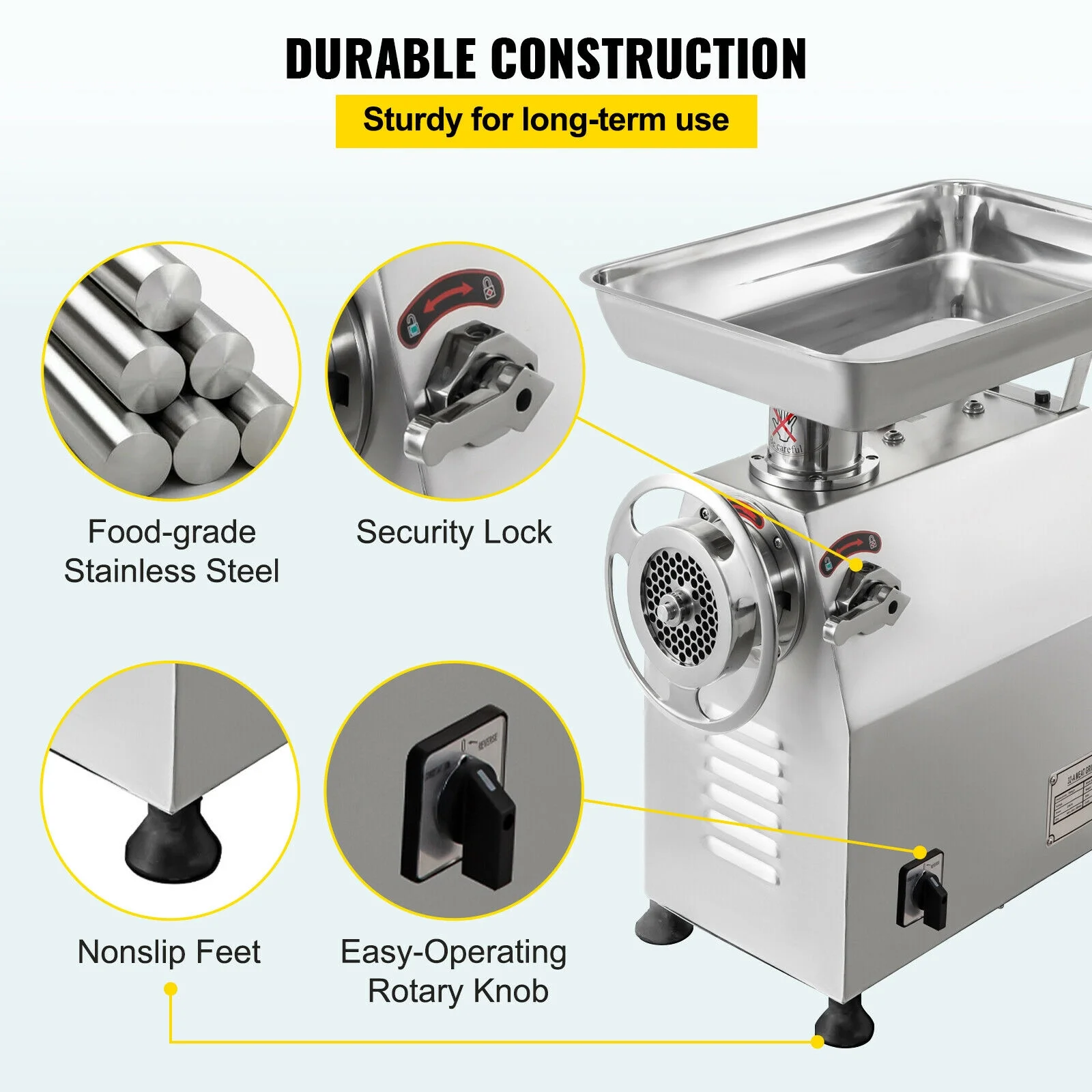 VEVORbrand Commercial Electric Meat Grinder 770lbs/h,Electric Sausage Maker 2200W,Stainless Steel With 2 Grinding Heads & 2 Blades For Restaurants,Supermarkets,Silver