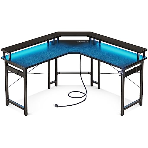 ODK L Shaped Gaming Desk with LED Lights & Power Outlets, 51" Computer Desk with Full Monitor Stand, Corner Desk with Cup Holder, Gaming Table with Hooks, White Carbon Fiber