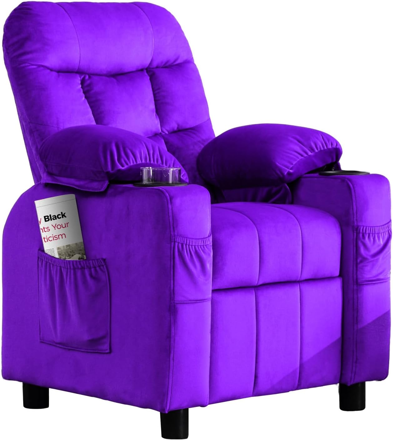 Kids Recliner, Toddlers Kids Recliner Chair with Cup Holder, Ergonomic Adjustable Velvet Lounge Chair with Footrest & Side Pockets, Toddlers Kids Baby Sofa for Boys Girls Bedroom (Purple)