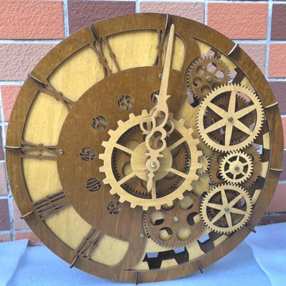 15 Inch Industrial Steampunk Wall Clock, Rustic Farmhouse Style, Retro Mechanical, Moving Gears, Wood, 3D Minimalist Skeleton, Antique Vintage Roman & Arabic Numerals, Battery Powered