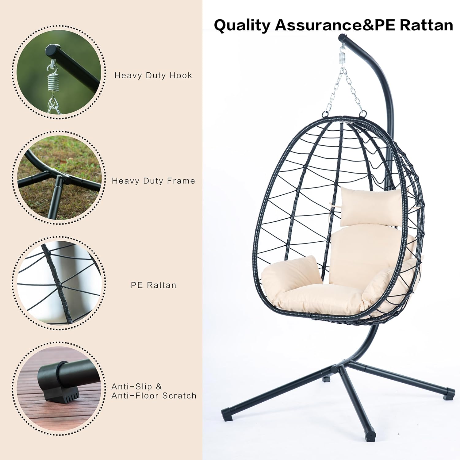 Indoor outdoor egg chair with stand, rattan hanging outdoor hanging chair with cushion, egg shaped hanging basket hammock chair for bedroom, living room and balcony