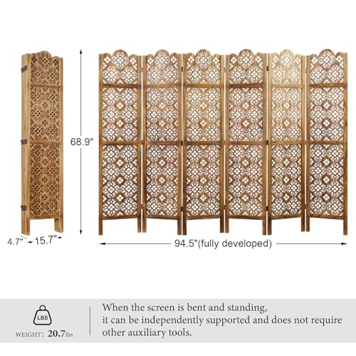 5.75Ft Room Divider Wood Carved Wall Divider Indoor Folding Portable Partition Screen for Home Office Garden Terrace - 4 Panel (Antique Brown)