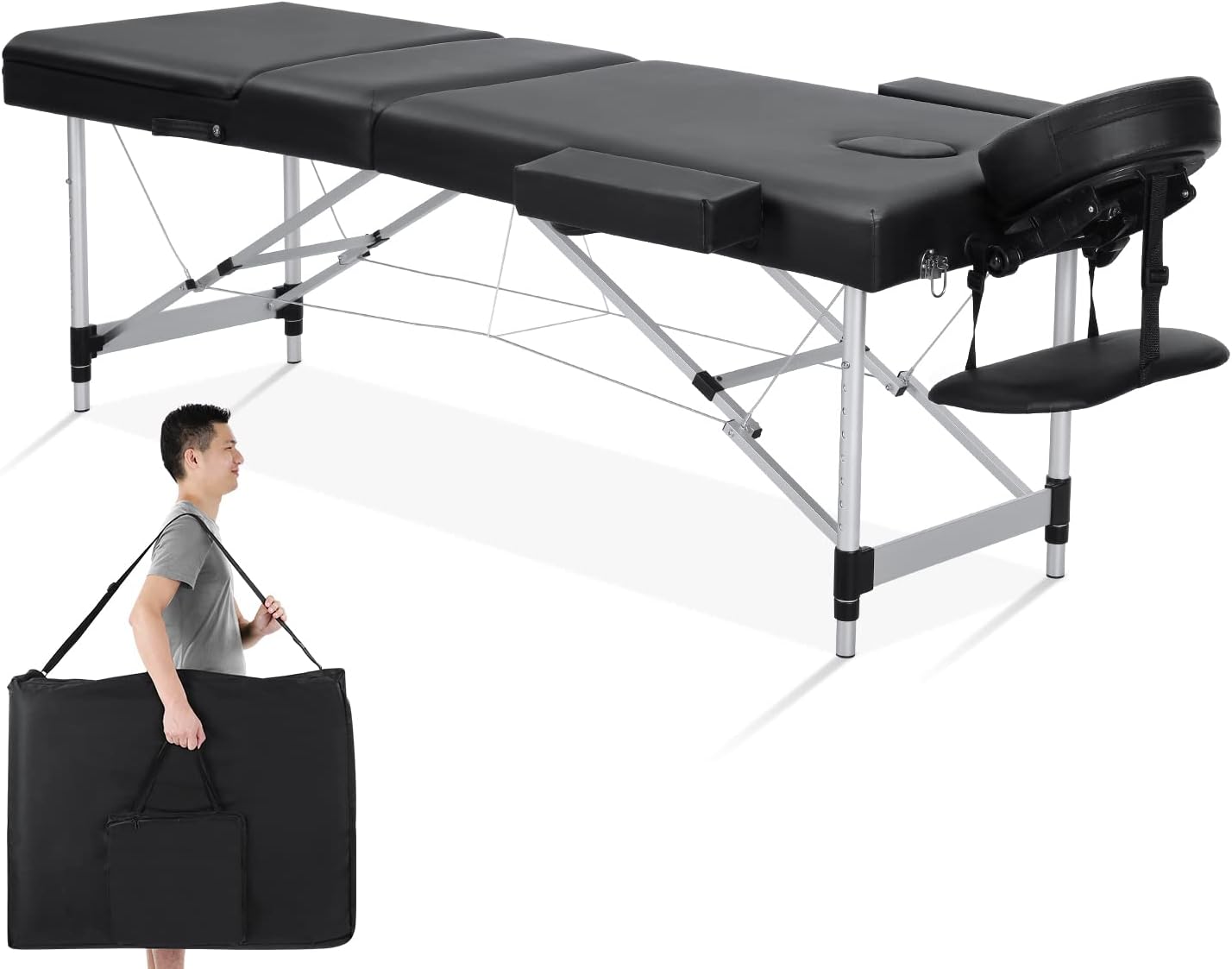 Careboda Professional Massage Table Portable Massage Bed, 3 Section Aluminum Foldable Spa Salon Bed, Comes with Carrying Case & Full Accessories