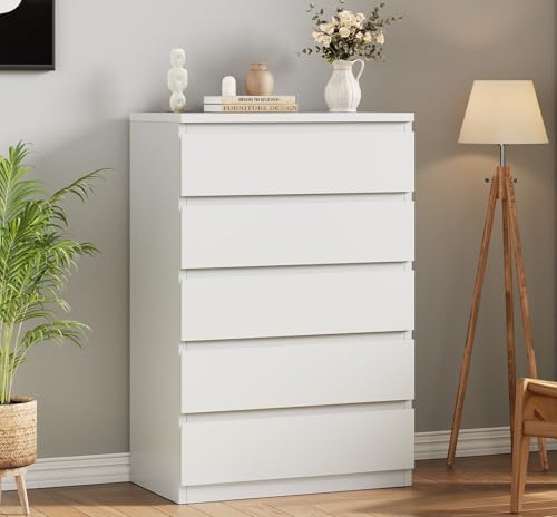 Black Modern 5 Drawer Dresser for Bedroom, 15" D x 23.7" W x 40.4" H in Simply Chest of Drawers, Wood Storage Dresser with Deep Drawers for Living Room Hallway Entryway, Black