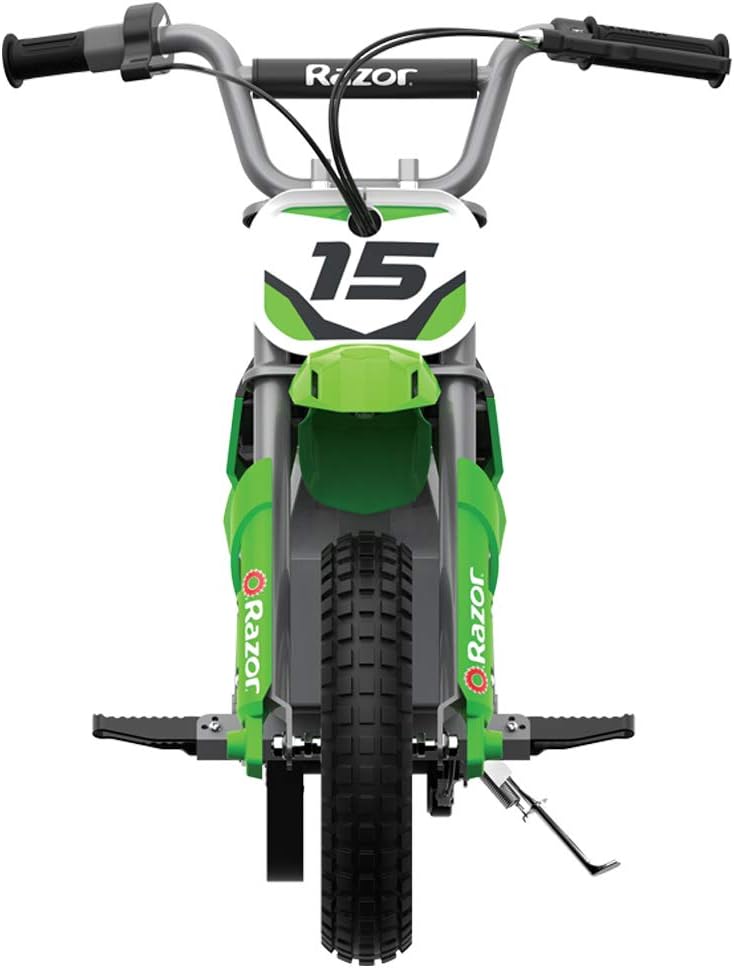 Razor MX350 and MX400 Dirt Rocket 24V Electric Motocross Motorcycle Dirt Bike with Hand-Operated Brakes and Retractable Kickstand, 1 Blue & 1 Green