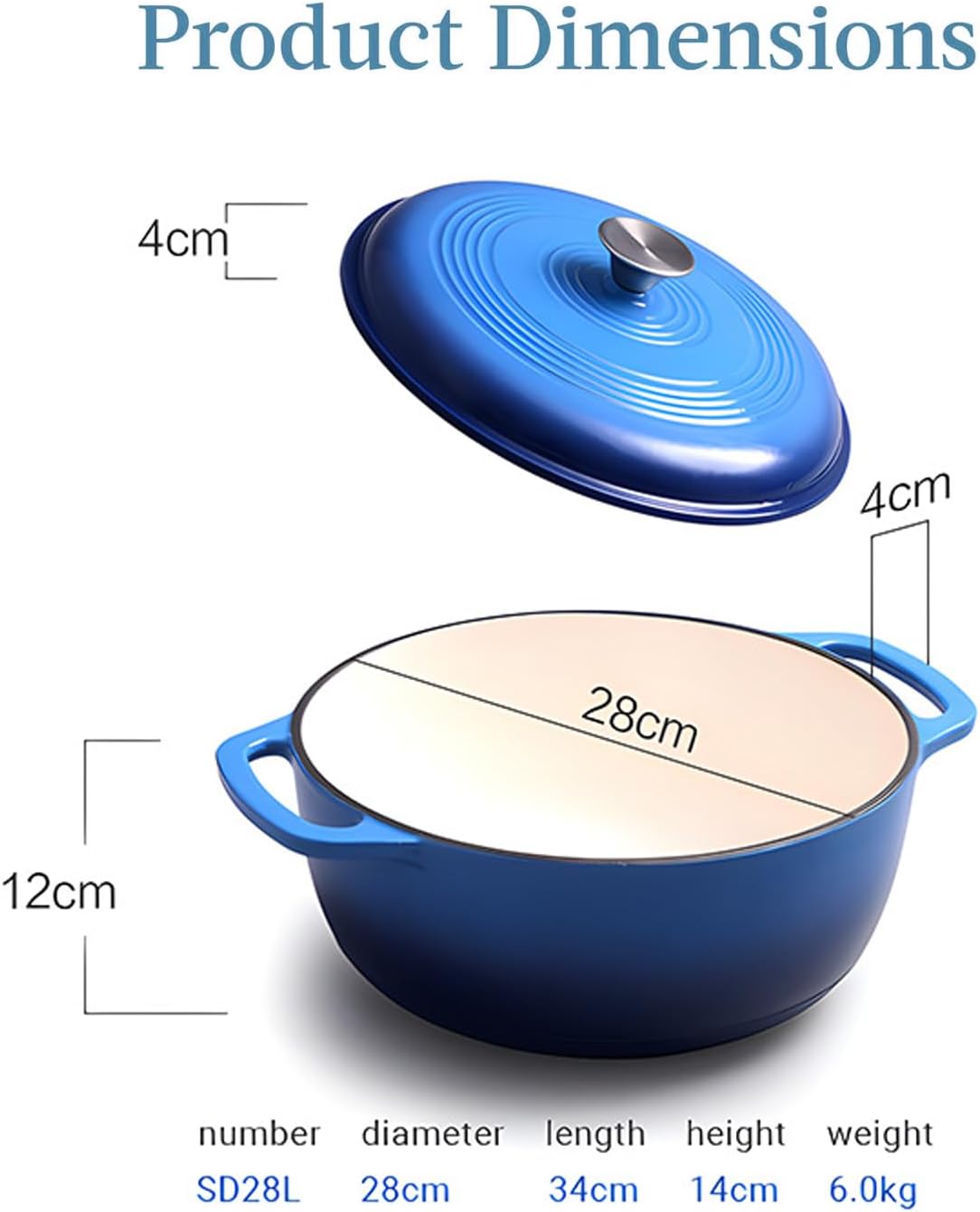 7.5 Quart Enamel Cast-Iron Round Dutch Oven, Family Style Heavy-Duty Pre-Seasoned Cookware for Home, Kitchen, Dining Room, Oven W/Lid, Dual Handles