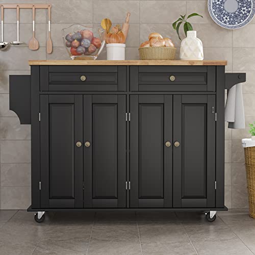 Rolling Kitchen Island with Drop Leaf – Movable Kitchen Carts on Wheels Island with Storage Cabinet, Island Table for Kitchen with Rubber Wood Top and Rack and Drawers, Matte, White