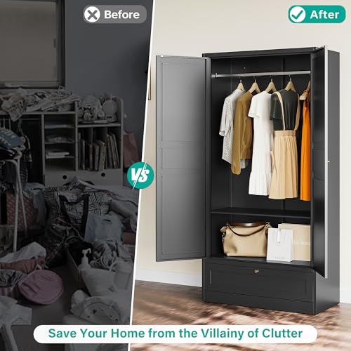 Metal Wardrobe Cabinet,Armoire Wardrobe Closet with doors,White Metal Clothing Storage Cabinet with Adjustable Shelves and Hanging Rod,72" Wardrobe Storage Cabinet for Home,Bedroom Armoires,Laundry