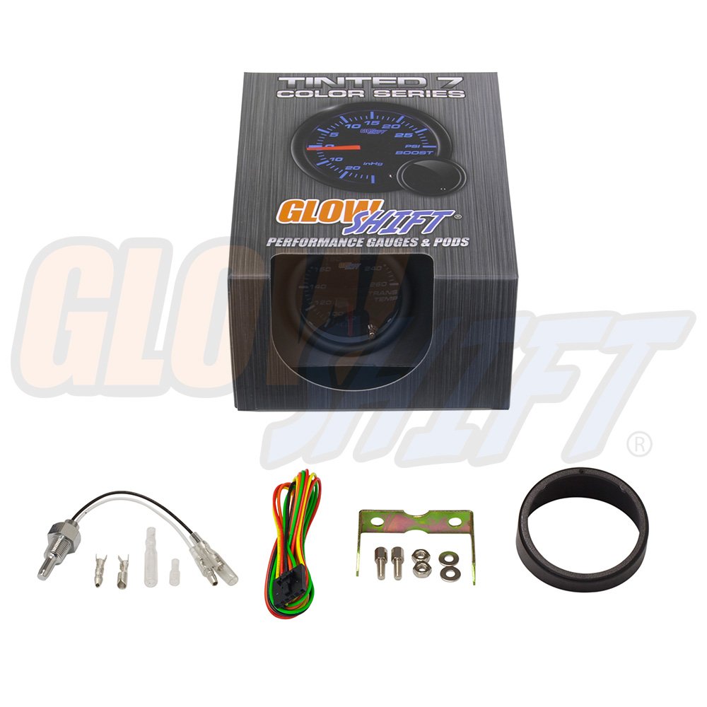 GlowShift Tinted 7 Color 260 F Transmission Temperature Gauge Kit - Includes Electronic Sensor - Black Dial - Smoked Lens - for Car & Truck - 2-1/16 52mm