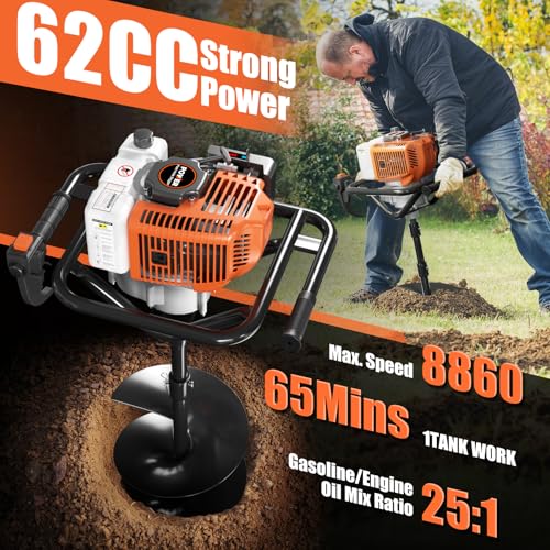 Post Hole Digger, 62cc Auger Post Hole Digger, Gas Powered Earth Digger with 2 Auger Drill Bits(6" & 8") + 3 Extension Rods, for Farmland, Garden and Plant (62CC)