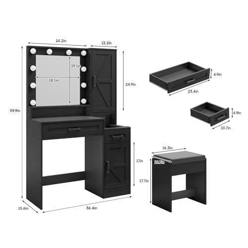 Fameill Vanity Desk with Mirror and Lights,Small Make up Vanity with Chair and Outlet,Makeup Table with Jewelry Cabinet, Bedroom Vanity with 2 Drawers, 3 Lighting Colors,36.4 inch,White