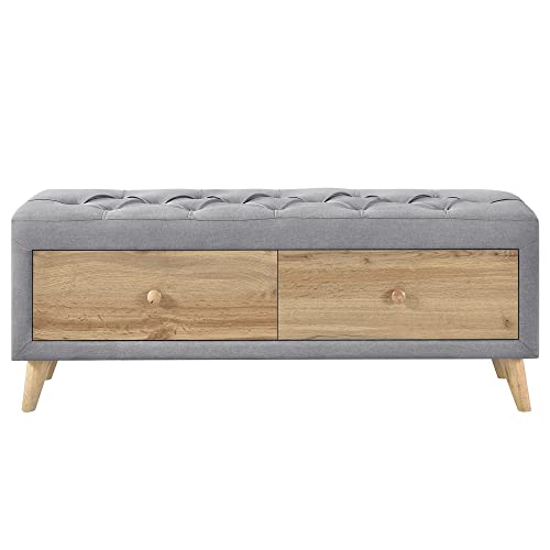 Upholstered Wooden Storage Ottoman Bench with 2 Drawers Button-Tufted Linen Padded Footstool Modern End of Bed Bench Entryway Storage Bench for Living Room Dining Room, Gray