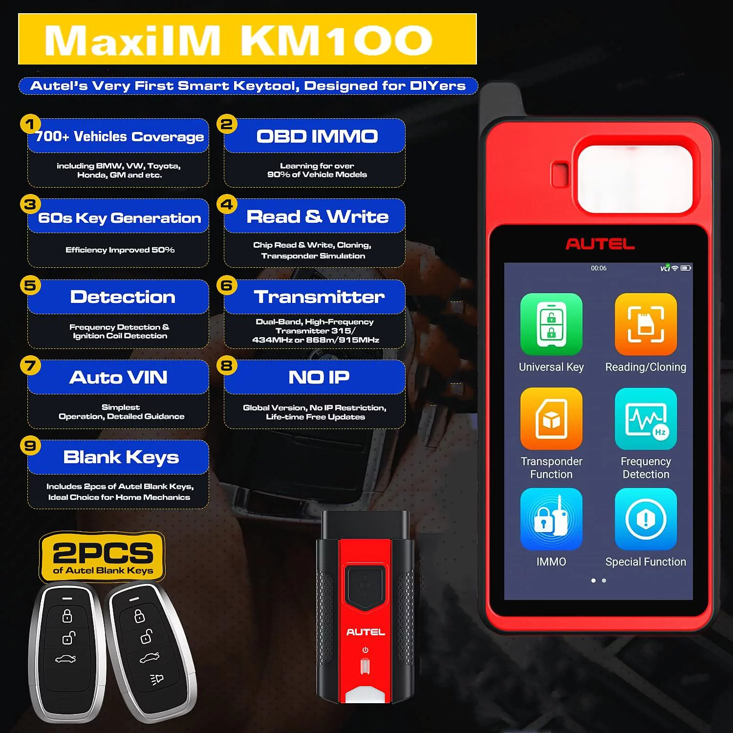 Autel MaxiIM KM100 Universal Key Generator Kit, Key Fob Programmer Immobilizer Tool,Autel IKEY for BMW,Volkswagen,Toyota,Honda