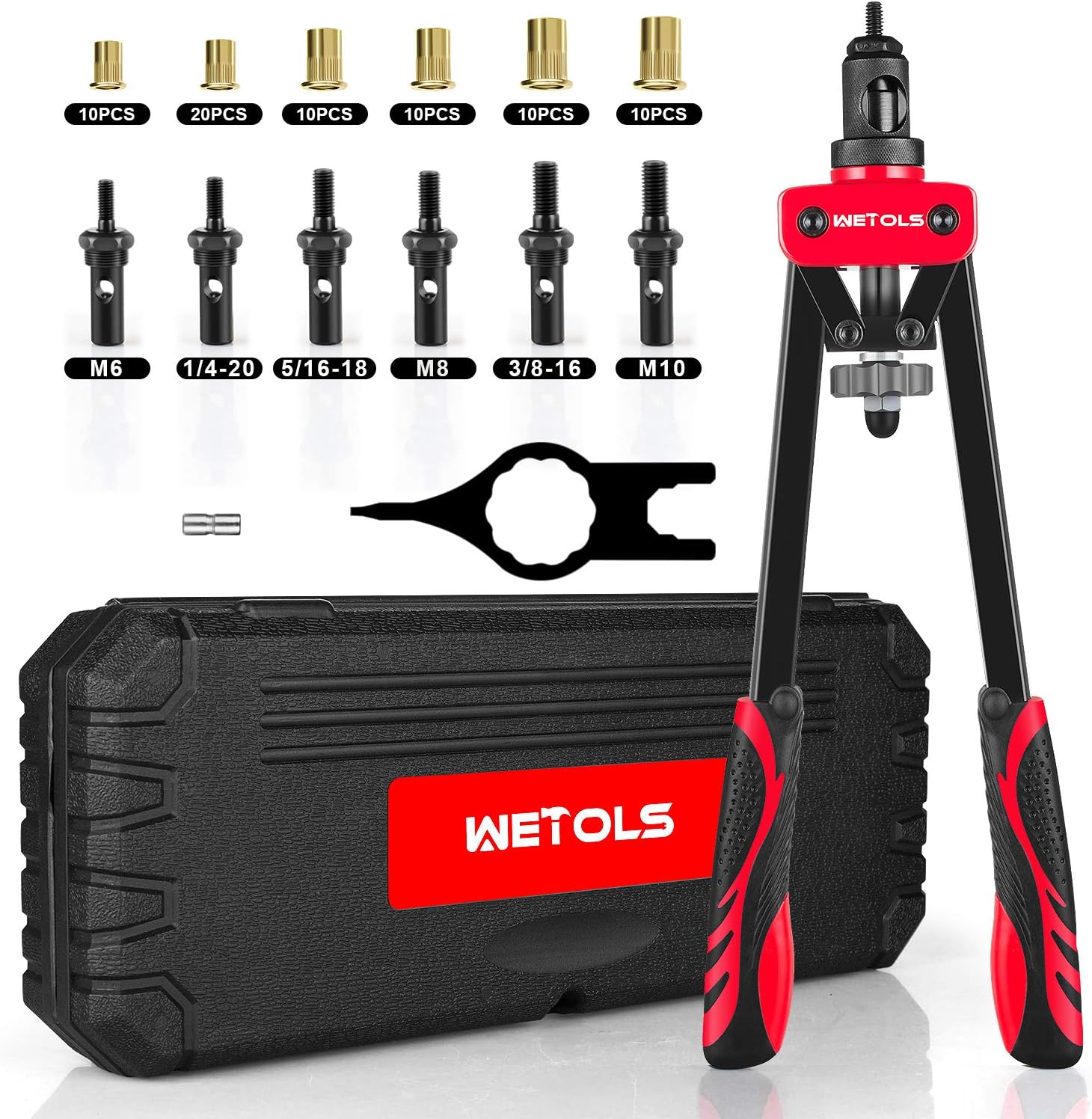 WETOLS Rivet Nut Tool, Hand Rivet Nut Tool with 7 Metric & Inch Mandrels M6 M8 M10, 1/4-20, 5/16-18, 3/8-16, 70pcs Rivnuts and Blow Carry Case - WE-882 Pack of 2