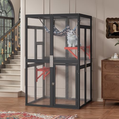 Catio Outdoor Cat Enclosure, Wooden Catio with Window Access for Patio, Indooe Kitty House (Black)