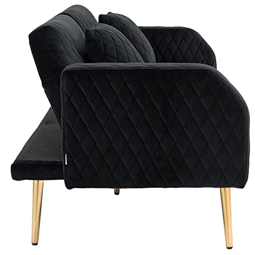Modern Velvet Loveseat,Convertible Sleeper Futon Sofa Bed with Metal Legs and 2 Throw Pillows for Living Room, Bedroom (Black)