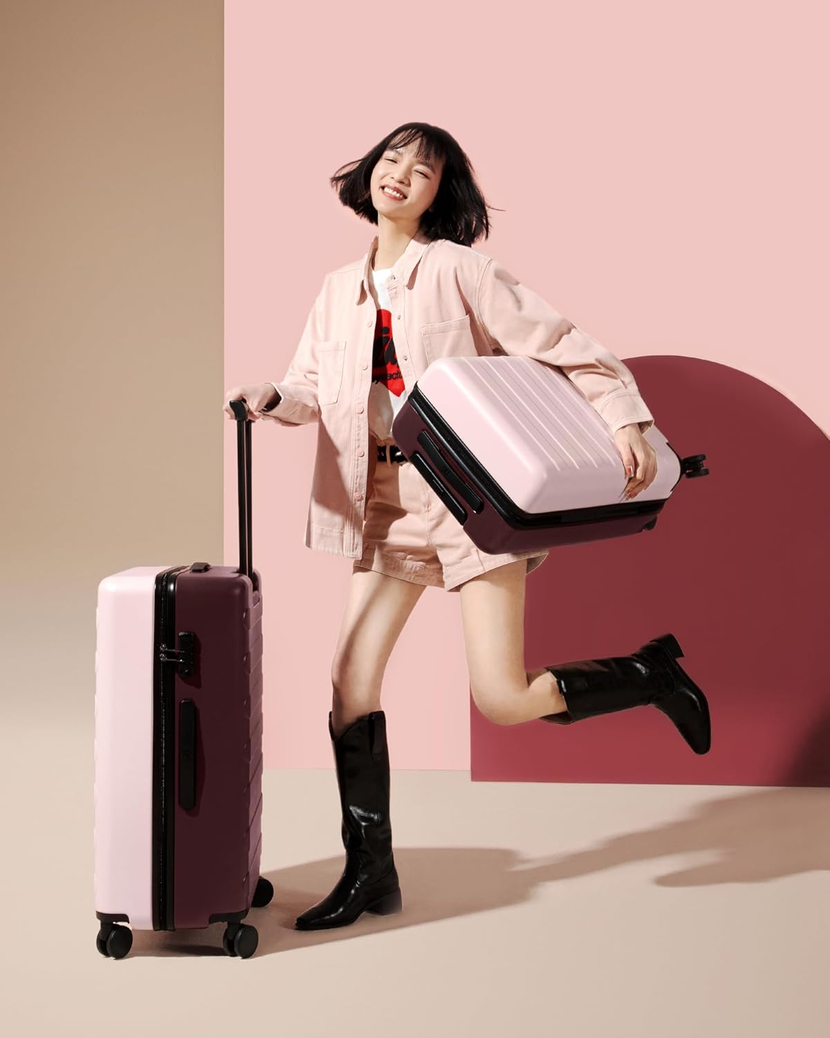 Carry on Luggage 22 X 14 X 9 Airline Approved, 20 Inch Luggage for 3-5 Days Travel, Double Spinner Wheels, 100% Hardshell PC, TSA Lock (Pink Red, Rhine)