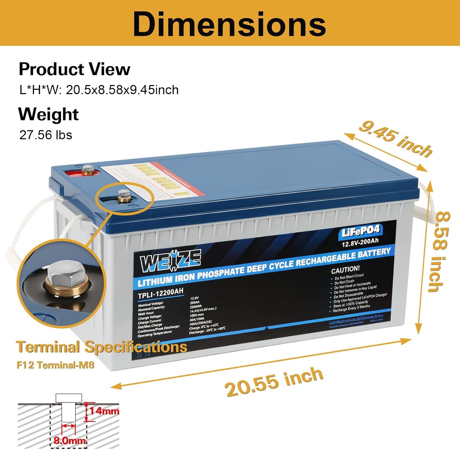 Weize 12V 200Ah LiFePO4 Lithium Battery, Up to 8000 Cycles, Built-in Smart BMS, Perfect for RV, Solar, Marine, Overland/Van, and Off Grid Applications
