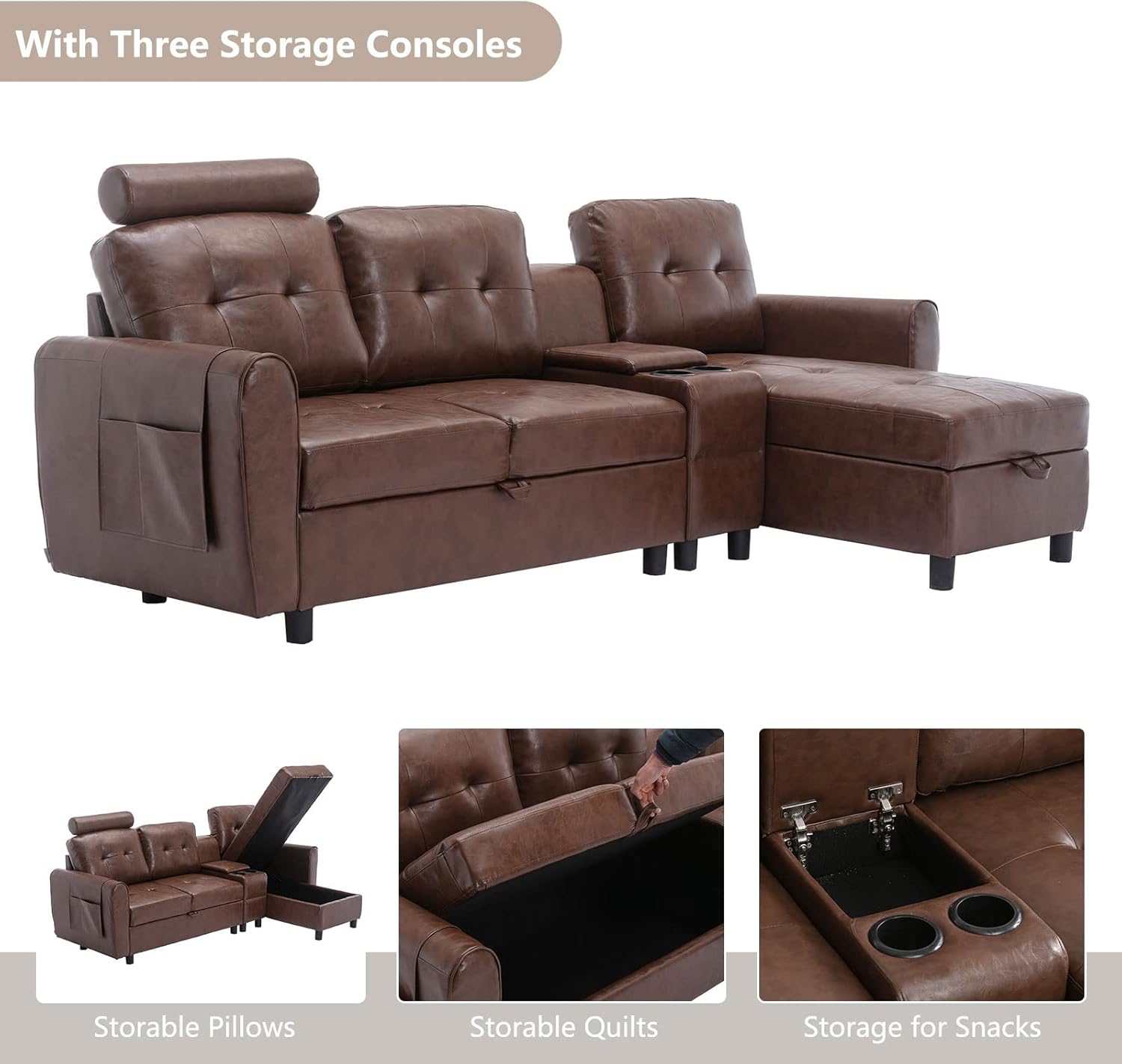 GNIXUU 89" Sectional Storage Sofa, L Shaped Couch with Cup Holders & Adjustable Headrest, 3 Seat Couches for Living Room, Small Spaces, Apartment, Brown PU Leather