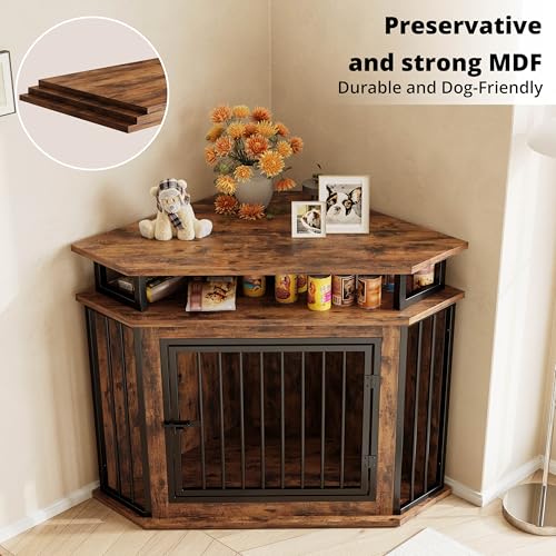 IRONCK 51" Corner Wooden Dog Crate Furniture with 2-Tier Shelves, Pet Kennel for Large Dogs, Space-Saving Dog Cage Indoor, Rustic Brown (26.7" L x 51.2" W x 33.5" H)