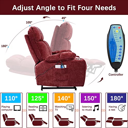 Electric Power Lift Recliner Oversize Chair Dual Motor Vibration Massage Heated Gift Fabric Single Sofa for Elder with Side Pockets Cup Holders for Living Room 180 Degree for Flat Sleeping