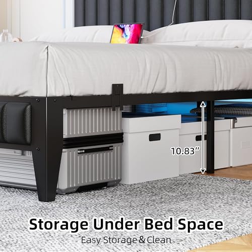 IDEALHOUSE Queen Bed Frame with Charging Station, LED Bed Frame with Storage Headboard, Upholstered Platform Bed Frame, No Box Spring Needed, Easy Assembly, Black