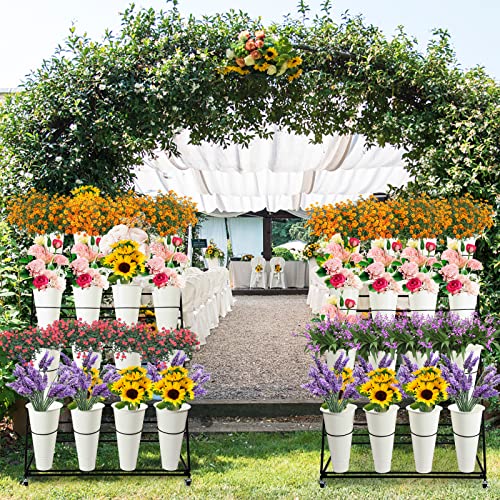 Flower Display Stand with Buckets, 3 Layers Metal Plant Stand, Moving Florist Bouquet Shelf for Fresh Flower Shop, for Patio Garden, Outdoor Flower Pop-Up Events (White Frame - White Bucket)