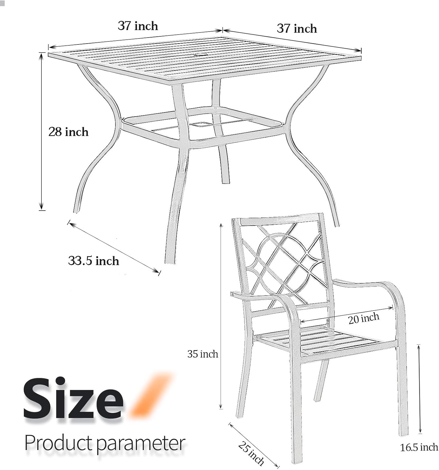 SUNCROWN 5-Piece Outdoor Wrought Iron Chairs and Table Patio Dining Furniture Set - 4 Stackable Metal Chairs and 1 Square Steel Slat Bistro Table with 1.57" Umbrella Hole for Backyard Garden Deck