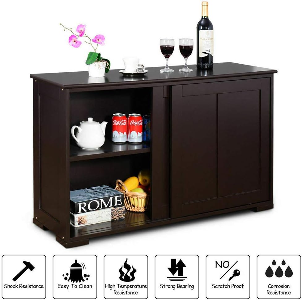 Dark Brown Kitchen Storage Cabinet Sideboard Buffet Cupboard Wood Sliding Door Pantry New MDF 42" L × 13" W × 23.5" H of Set