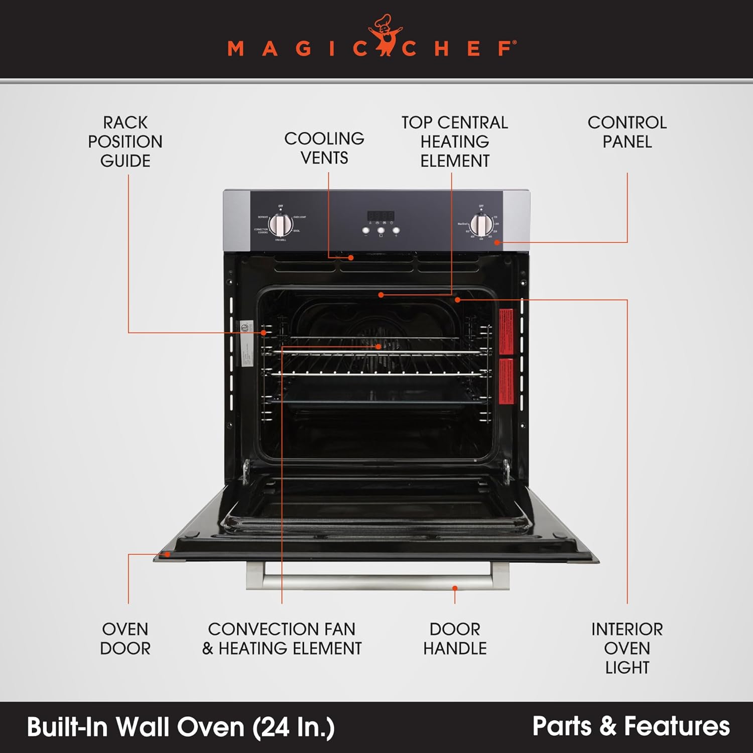 Magic Chef Single Electric Wall Oven w/ Convection Feature, Wall-Mounted Convection Oven for Cooking & Baking, 24", 2.2 Cubic Feet, Stainless Steel