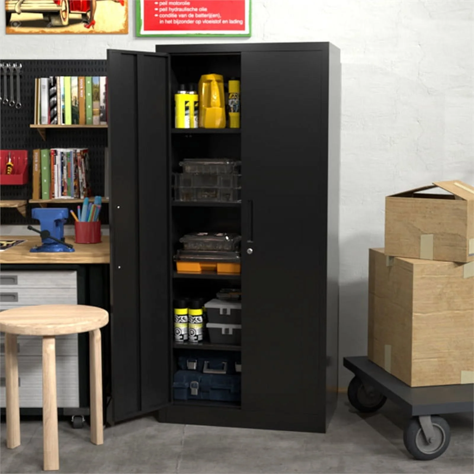 Pemberly Row Metal Garage Storage Cabinet w/ Doors & Lock Steel Locking in Black
