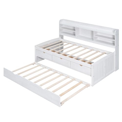 Harper & Bright Designs Twin Size Captain Bed with Built-in Bookshelves/3 Storage Drawers/Trundle, Wooden Twin Daybed Bed Frame for Kids Teens Dorm Bedroom Multipurpose Guest Room, White Wash