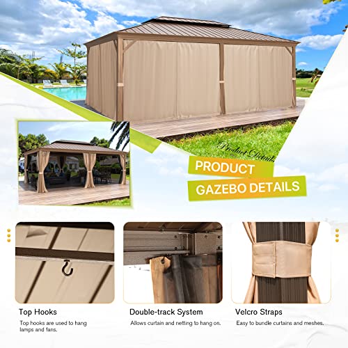 MELLCOM 12'x16' Hardtop Gazebo, Galvanized Steel Metal Double Roof Canopy with Curtains and Netting, Brown Permanent Pavilion Gazebos with Aluminum Frame for Garden, Patio, Lawns, Deck