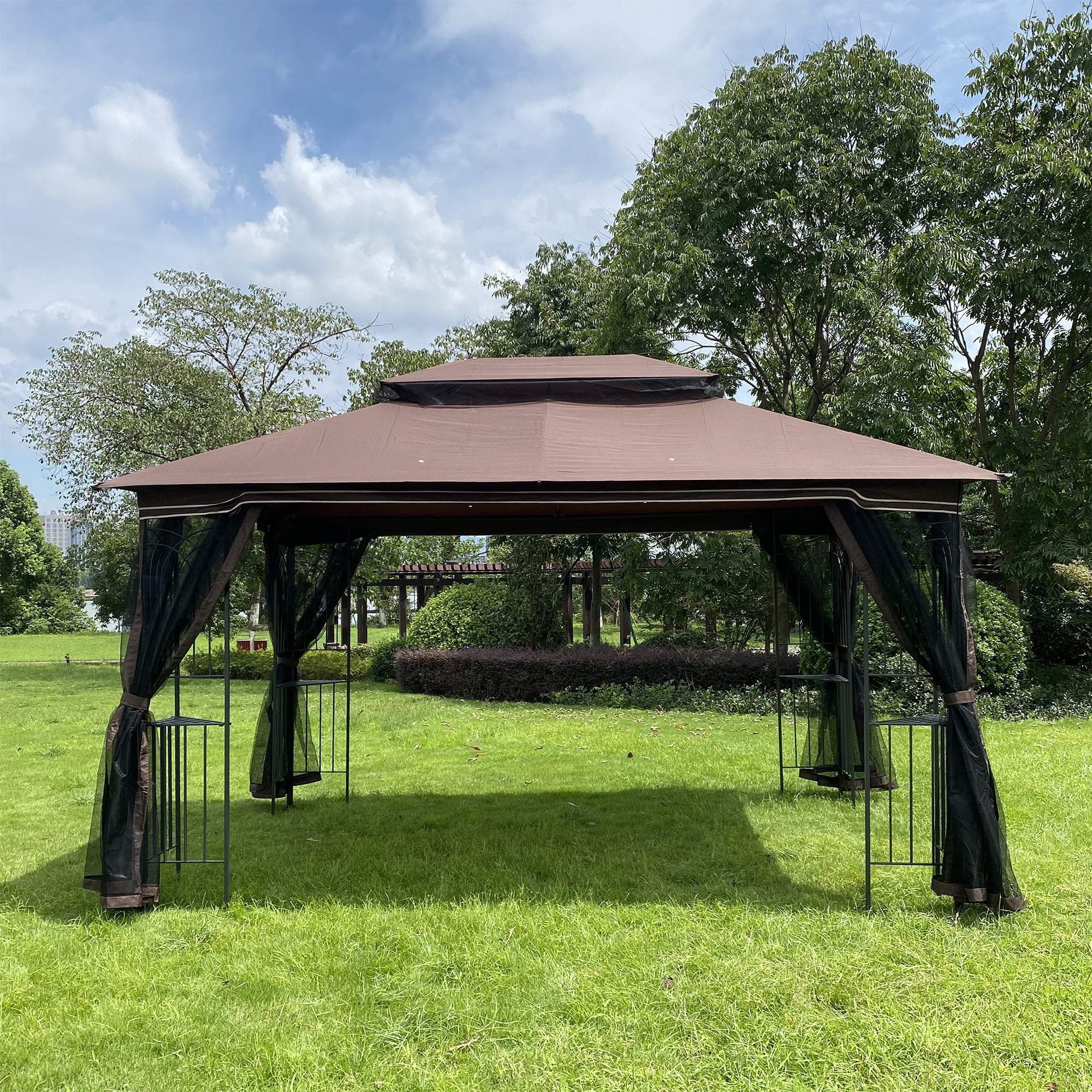 13x10 Outdoor Patio Gazebo Canopy Tent With Ventilated Double Roof And Mosquito net(Detachable Mesh Screen On All Sides),Suitable for Lawn, Garden, Backyard and Deck,Brown Top